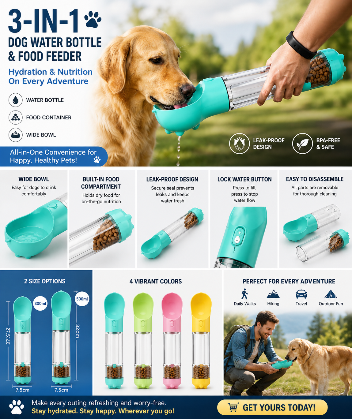 3-in-1 Portable Dog Water Bottle with Food Dispenser & Bowl