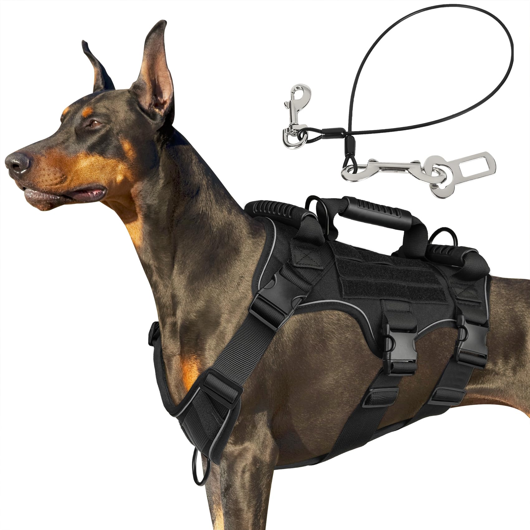 Tactical dog harness in black — military no-pull vest with MOLLE webbing and grab handle