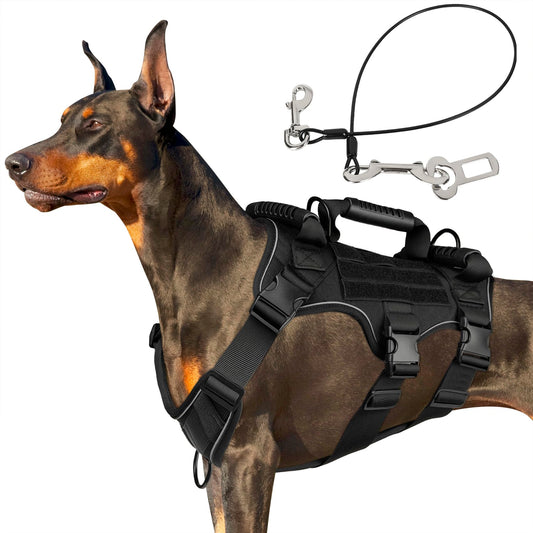 Tactical dog harness in black — military no-pull vest with MOLLE webbing and grab handle