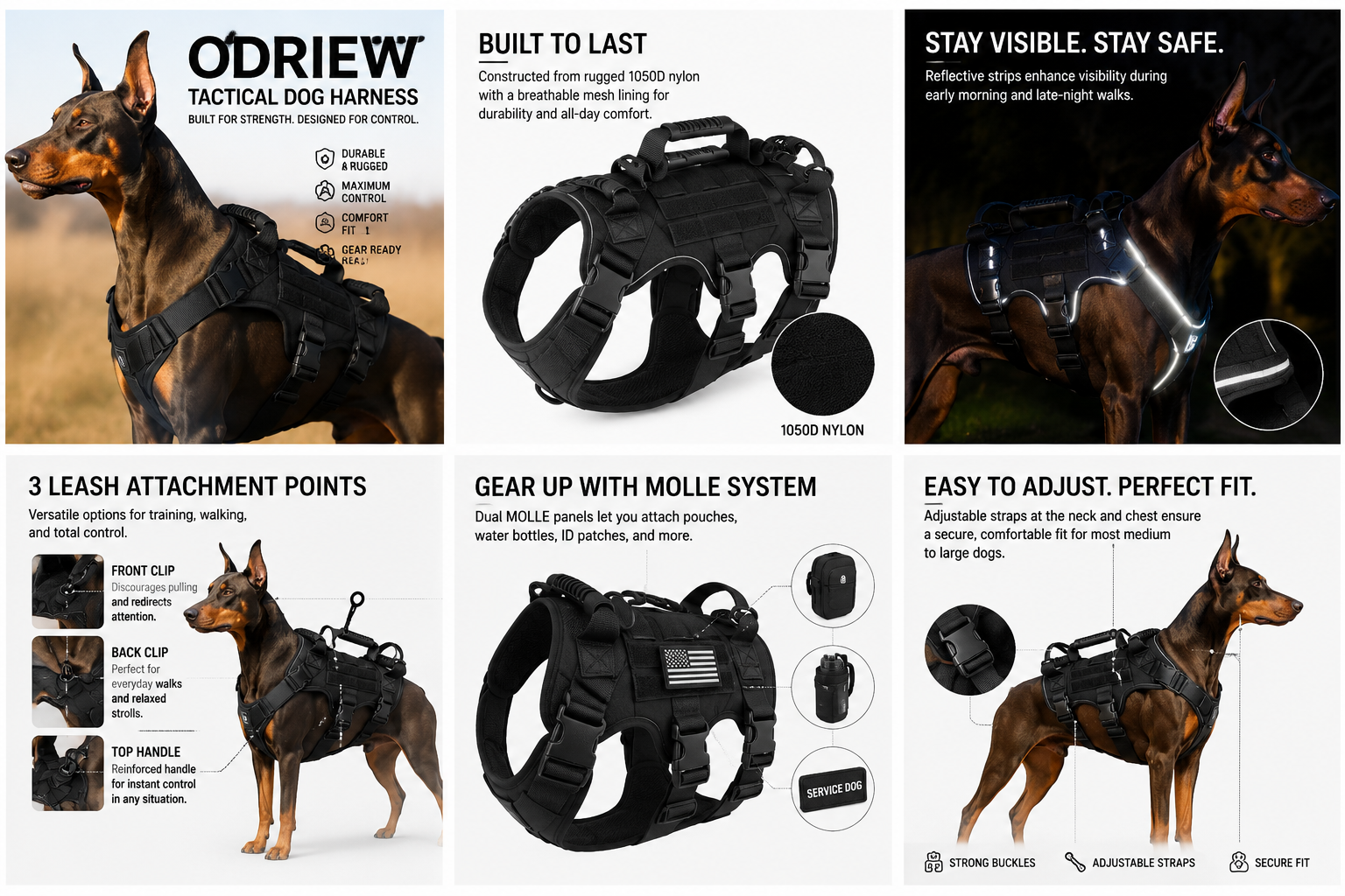 Heavy duty tactical dog harness showing adjustable straps and reflective strips — Dogshark.com