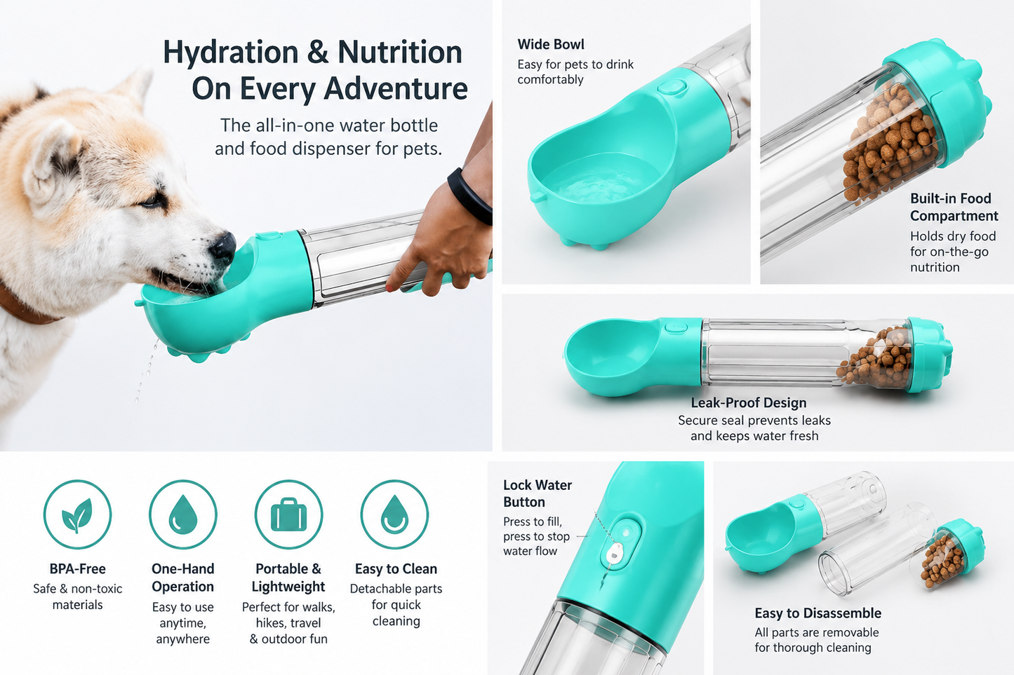 3-in-1 Portable Dog Water Bottle with Food Dispenser & Bowl